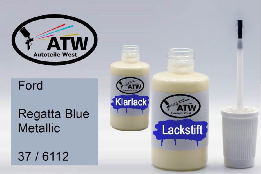 Ford, Regatta Blue Metallic, 37 / 6112: 20ml Lackstift + 20ml Klarlack - Set, von ATW Autoteile West.